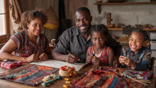 Family crafting beadwork and textiles at rustic wooden table, parents guiding daughters