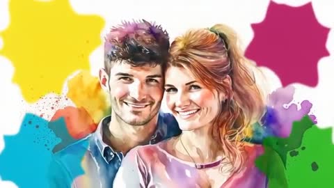 Romantic Portrait of Smiling Couple with Painted Color Bursts