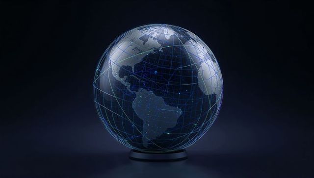 Glass Globe Showing Global Network Connectivity with Blue-Green Data Grid and Lit Nodes