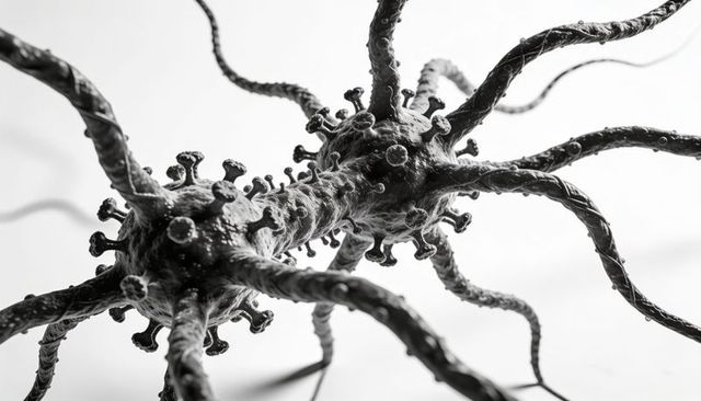 Monochrome high-contrast micrograph of linked cellular spheres and twisted filaments