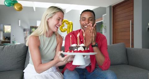 Happy Birthday Celebration with Couple and Cake at Home