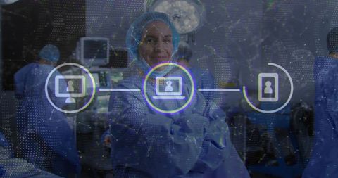 Female surgeon leading telemedicine consultation in operating room with digital overlay