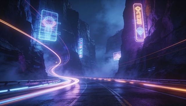 Neon canyon highway curving light trails holographic cyberpunk billboards nightscape