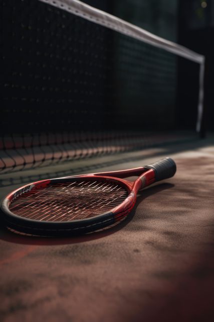 Close up of tennis racket and net on tennis court created using generative ai technology. Tennis and sport concept digitally generated image.