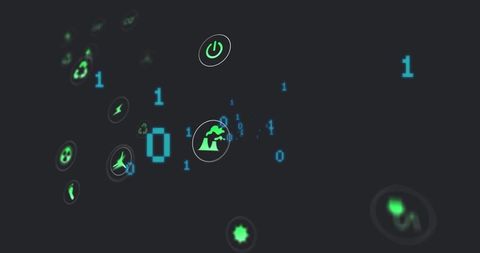 Green energy symbols in digital matrix with binary code
