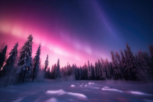 Peaceful scene of northern lights dancing over a snow-covered forest. Ideal for nature-inspired designs, winter travel promotions, or as a serene background image. Suitable for environmental awareness campaigns and artistic wall art.