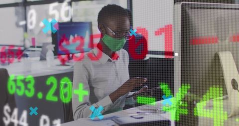 Businesswoman Analyzing Financial Data with Mask in Global Office