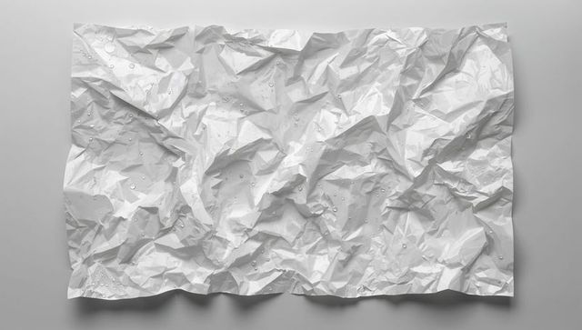 Crumpled white paper with water droplets and sculptural folds on soft gray background