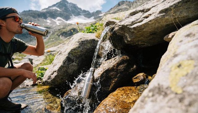 Hiker drinking from stainless bottle at alpine spring with mountain backdrop and stream