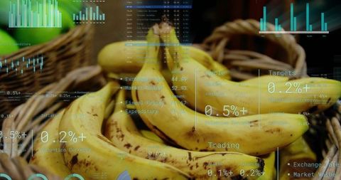 Ripe bananas in wicker basket overlaid with translucent financial charts and trading data