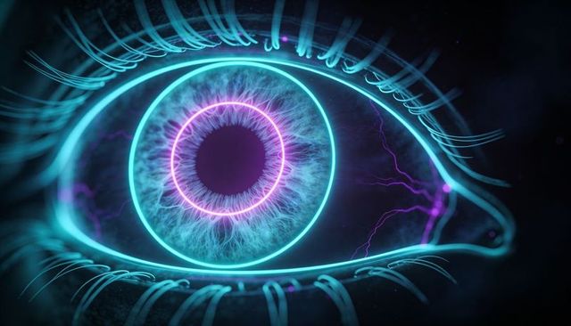 Glowing neon eye emitting magenta and cyan rings, futuristic cyber iris with electric arcs