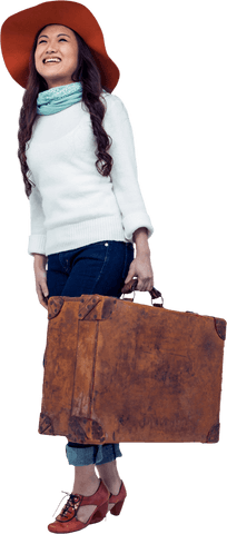 Smiling Woman with Luggage and Hat on Transparent Background