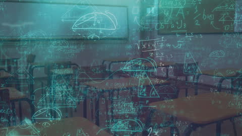 Mathematical Equations Overlaying Empty Classroom