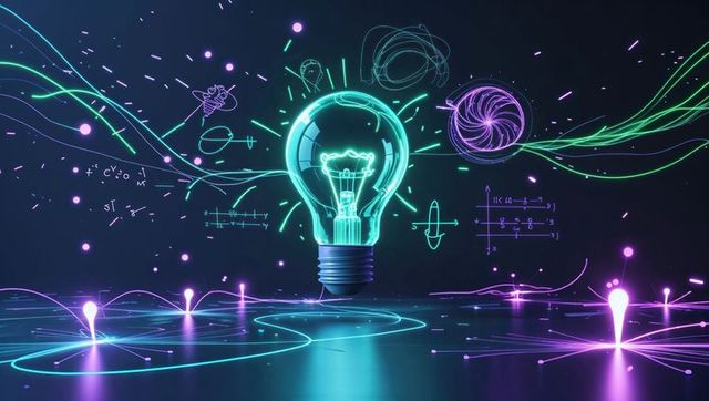 Futuristic neon light bulb with mathematical graphics