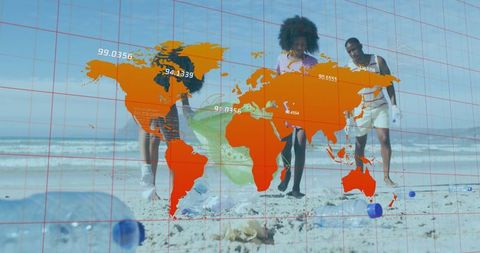 Volunteers Collecting Plastic Waste on Beach with Global Map Overlay
