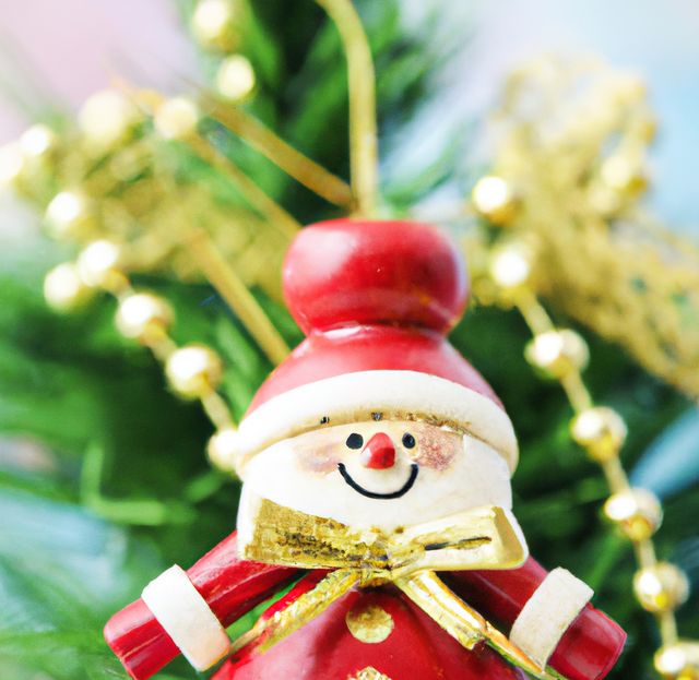 Snowman ornament hanging on a Christmas tree with gold beads in background. Perfect for holiday advertising, festive greeting cards, and seasonal blog posts.