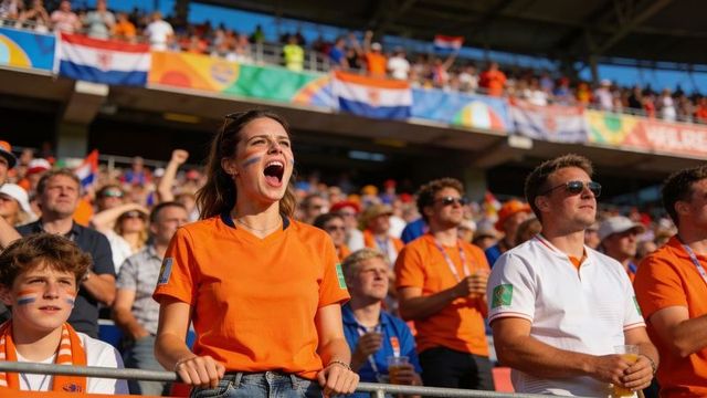 Passionate dutch football fans cheering in orange at sunny stadium, flags waving