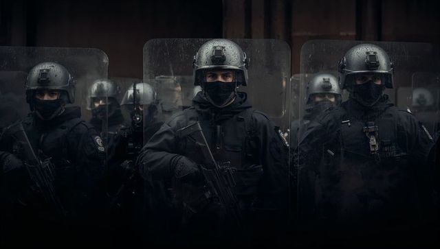 Tactical riot unit standing guard holding clear shields in rain-slick urban plaza