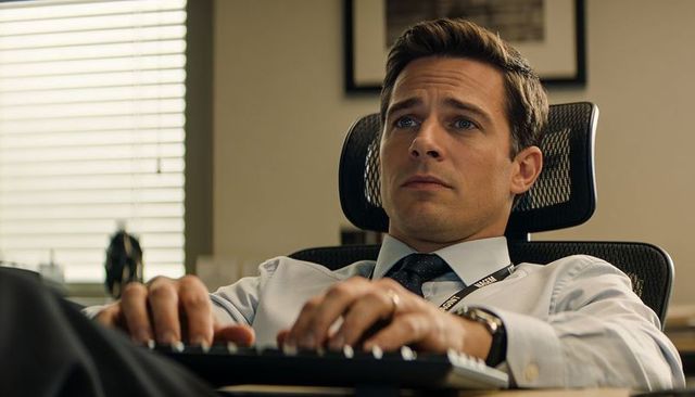 Male professional leaning back in mesh chair typing on keyboard, contemplative office focus