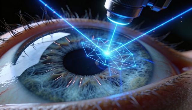 Holographic laser eye scan with ai grid overlay close-up iris surgery technology precision