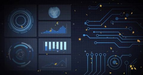 Futuristic Digital Interface with Data Charts and Circuitry