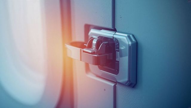 The scene highlights a sleek metallic latch mechanism on the interior panel of an aircraft, accompanied by a warm light reflection. This image emphasizes precision engineering and attention to detail in aerospace design. Perfect for educational and promotional materials related to aircraft safety features, interior design in aviation, and engineering interest pictorials, emphasizing technology and reliability in air travel.