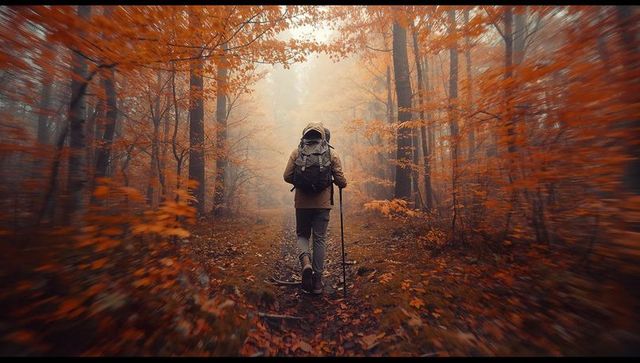 Adventurous Hiker Traveling Through Foggy Autumn Forest