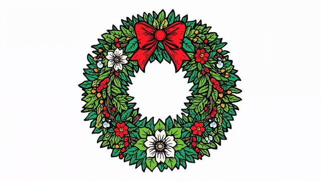 Hand-drawn festive christmas wreath featuring red bow holly berries and white flowers