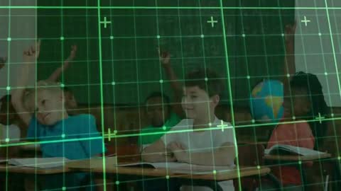 Children in Classroom with Digital Overlay Engaging in Learning