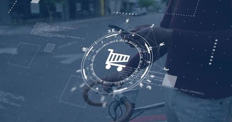 Tapping smartphone displaying futuristic shopping cart hud over urban bicycle for mobile commerce