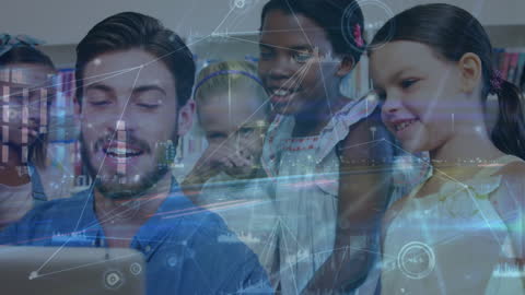 Teacher Using Tablet with Diverse Students and Digital Data Overlay