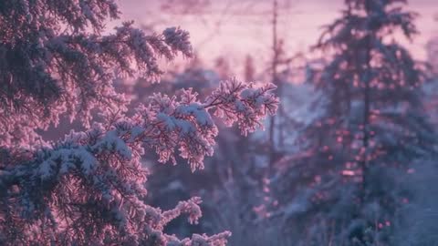 Snow-Covered Conifer Branch Swaying and Glowing in Pink Sunrise Timelapse