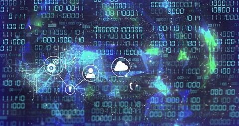 Neon Cyber Globe Connecting Cloud and User Networks Over Binary Data Matrix Visualization