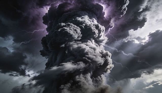 Towering Volcanic Ash Plume Erupting with Lightning, Dark Storm Clouds and Turbulent Skies