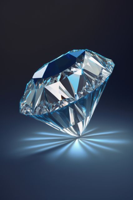 Close up of cut diamond with reflection on blue background, created using generative ai technology. Precious stones, luxury and wealth concept digitally generated image.