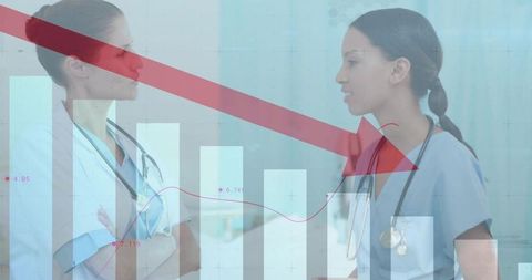 Clinicians discussing declining clinical metrics with data visualization overlay
