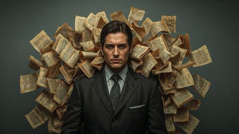 Businessman prosecutor in suit against background of torn book pages