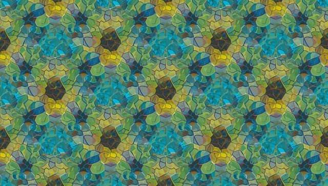 Abstract geometric mosaic pattern with teal and mustard accents