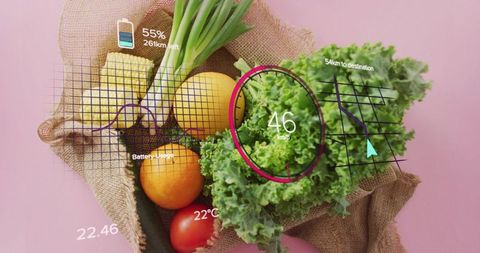 Showing augmented reality hud overlaying fresh produce in burlap sack flatlay