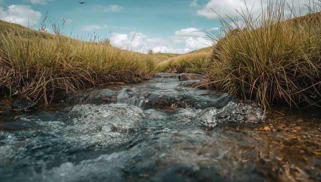 Shallow stream flowing through meadow grassland with rippling water and rocky tufts