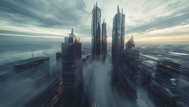 Futuristic Skyscraper Skyline Emerging Through Clouds