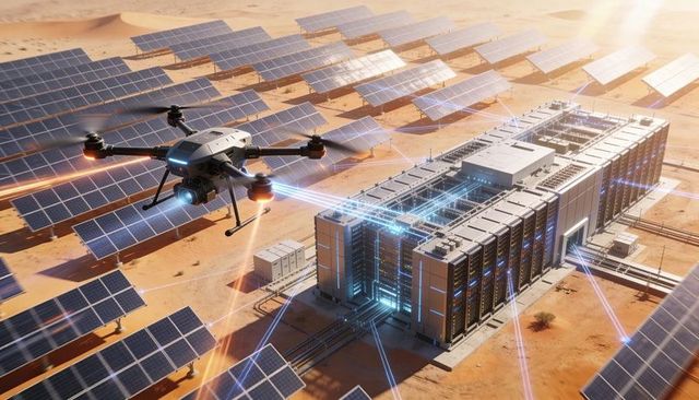 Autonomous drone inspecting solar farm and desert data center connected by smart grid