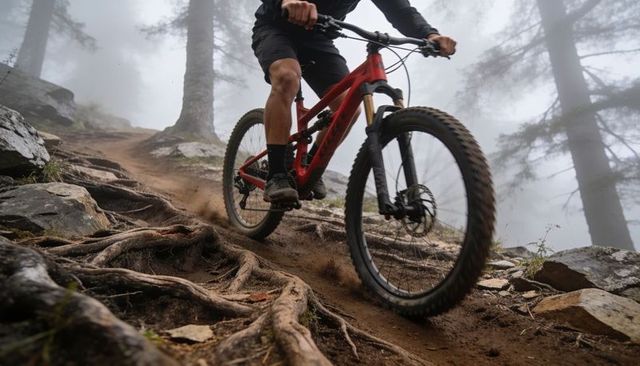 Descending foggy mountain trail on red full-suspension bike, rider navigating roots