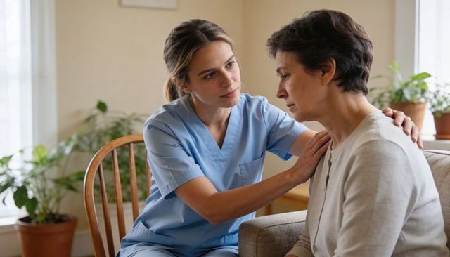 Home care nurse comforting worried senior woman on couch showing empathy and support