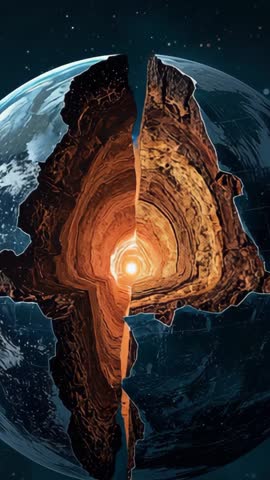 Spinning Earth Splitting Open Revealing Glowing Molten Core Vertical SciFi Earthcore Video