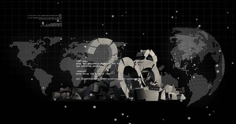 Breaking cybersecurity ring revealing digital rubble overlaid on dotted global data grid