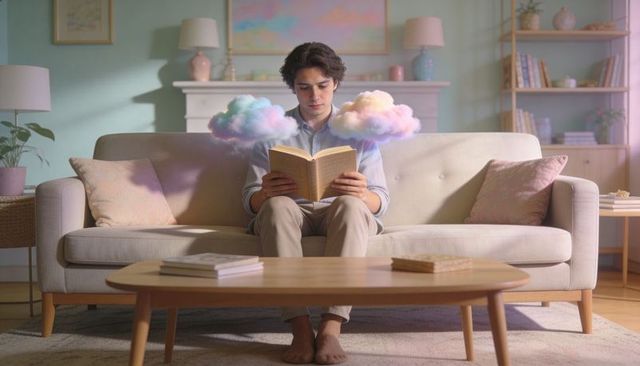 Young man reading on sofa with pastel floating clouds, soft-lit cozy living room dreamscape