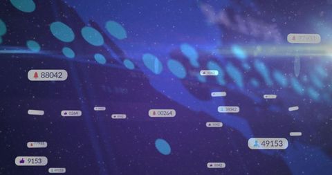 Floating notification badges moving across virtual dashboard with analytics metrics and bokeh