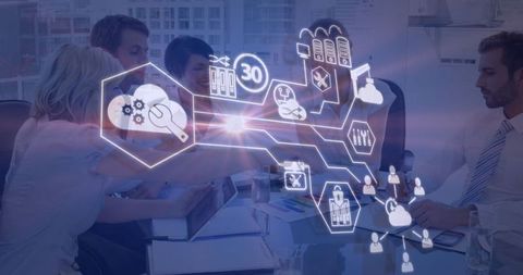 Business meeting with digital innovation concept art overlay