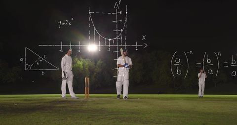 Cricket batsman standing on crease under floodlights holding bat with glowing math symbols